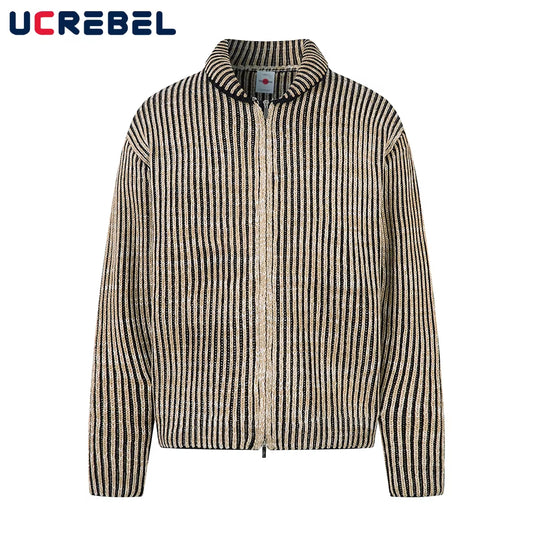 Striped Knitted Sweatercoat Mens Retro High Street Autumn Winter Lapel Long Sleeve Sweater Cardigan Man